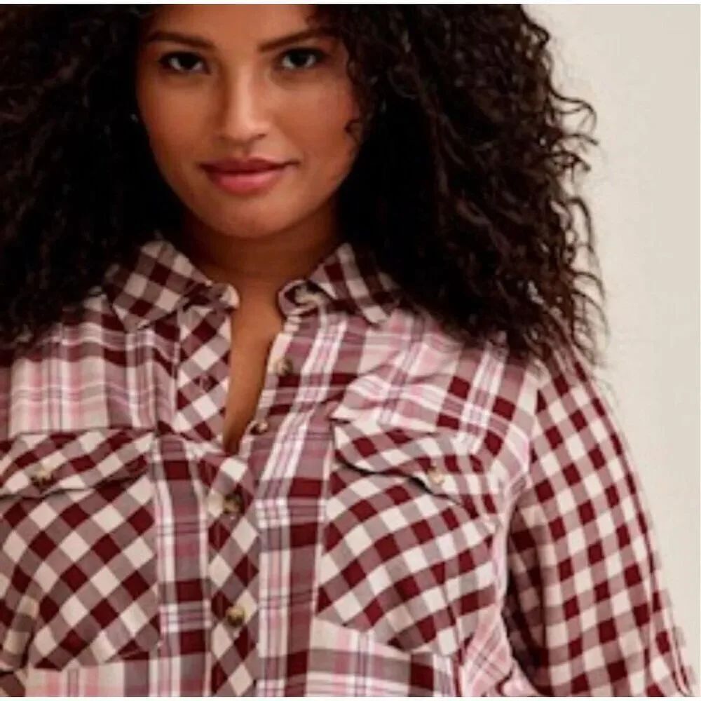 Torrid Lizzie burgundy & pink plaid twill button down shirt